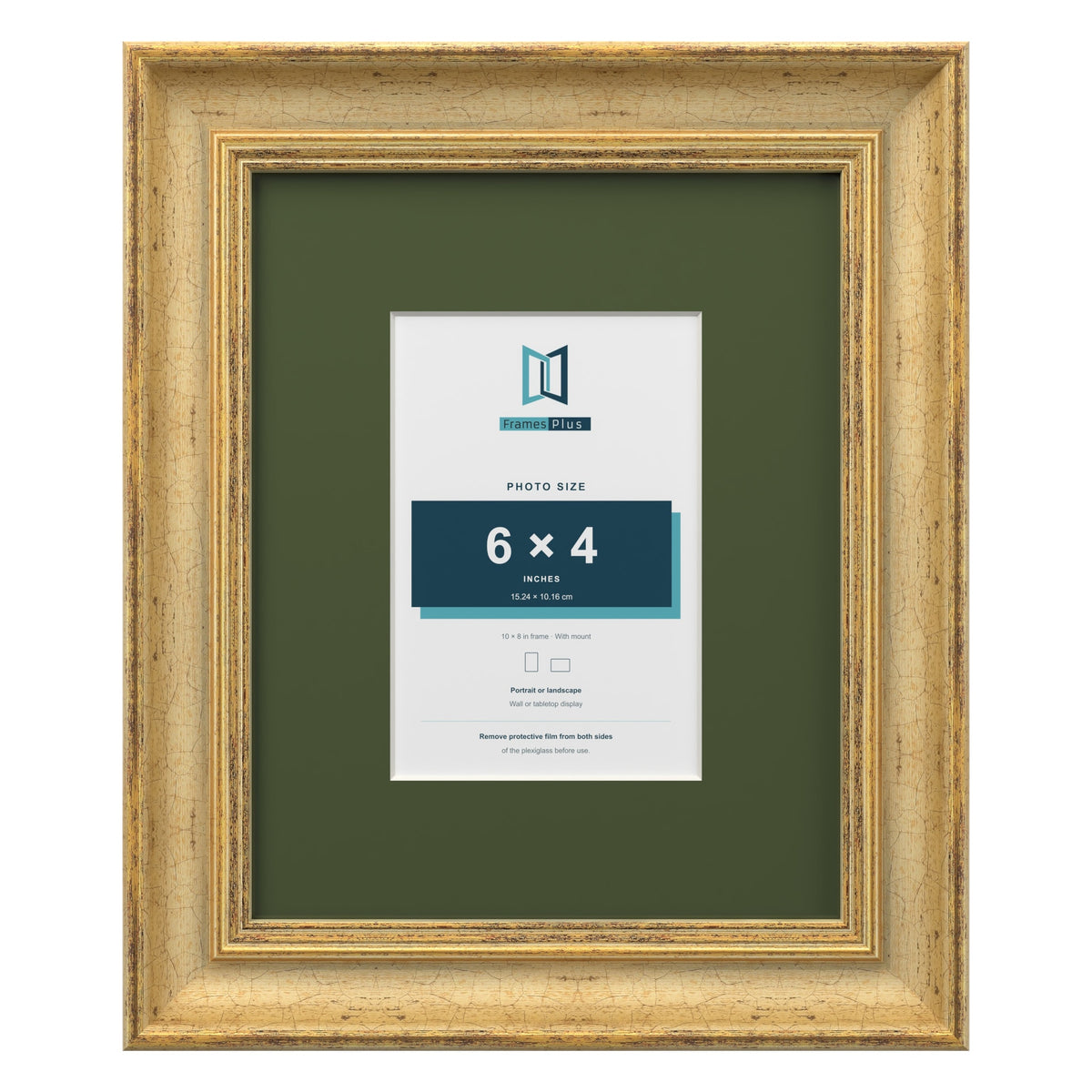 Cassis Gold 10 x 8 inch picture frame with a green mount for a 6 x 4 inch photo
