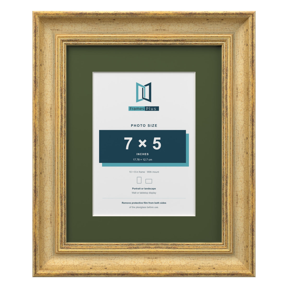 Cassis Gold 10 x 8 inch picture frame with a green mount for a 7 x 5 inch photo
