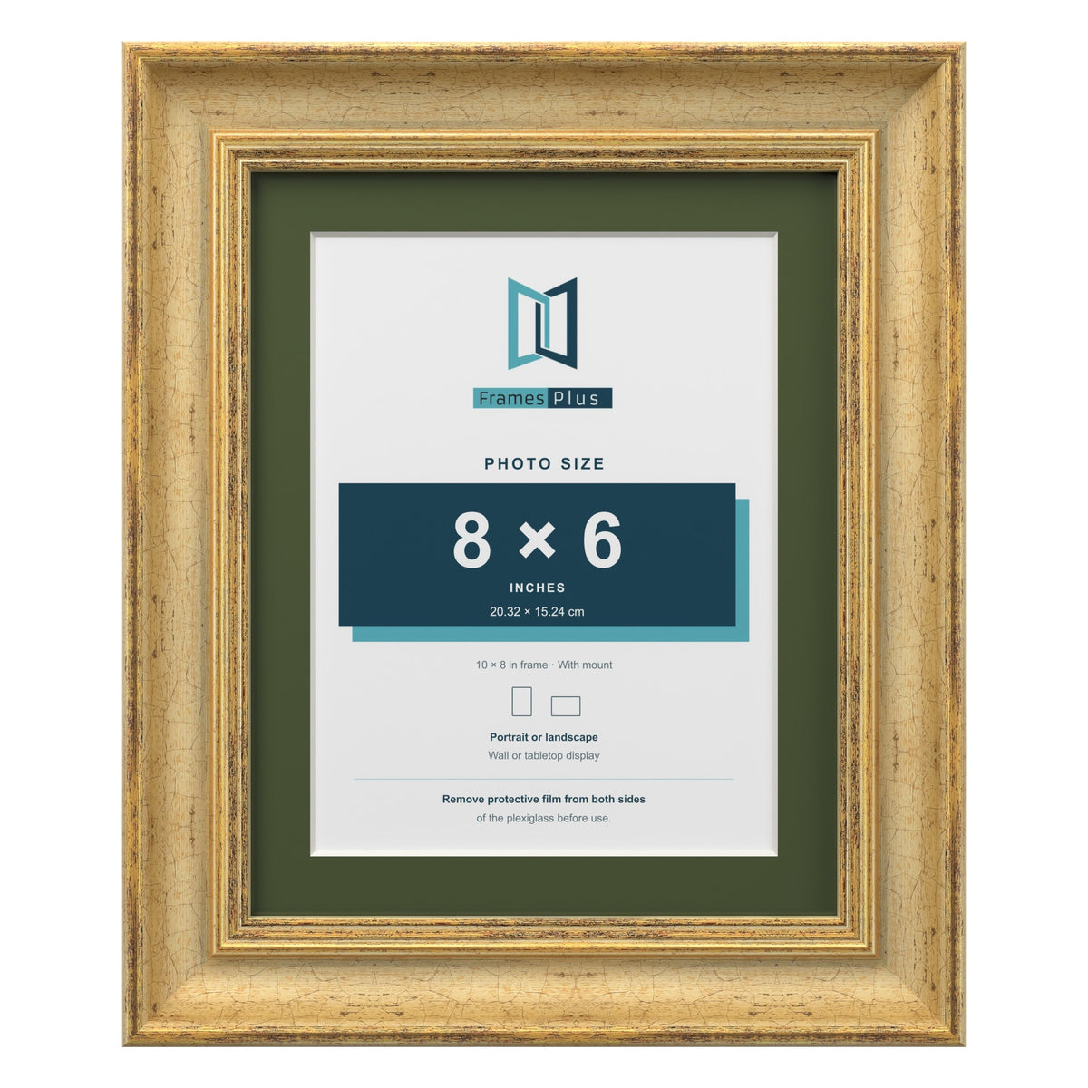 Cassis Gold 10 x 8 inch picture frame with a green mount for an 8 x 6 inch photo