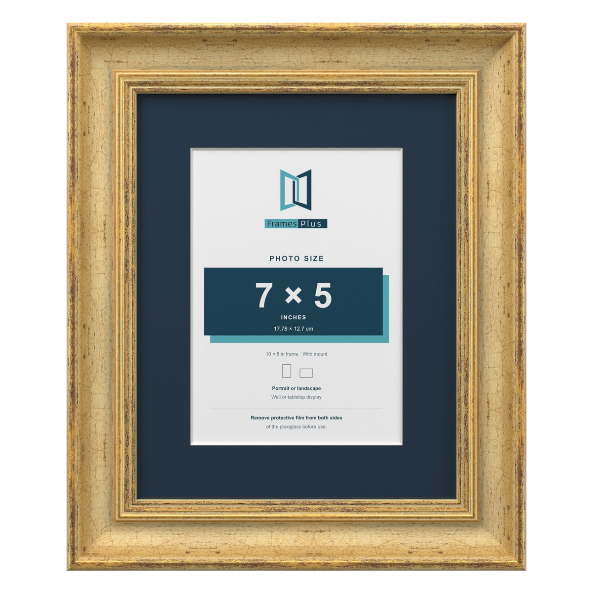 Cassis Gold 10 x 8 inch picture frame with a pacific blue mount for a 7 x 5 inch photo