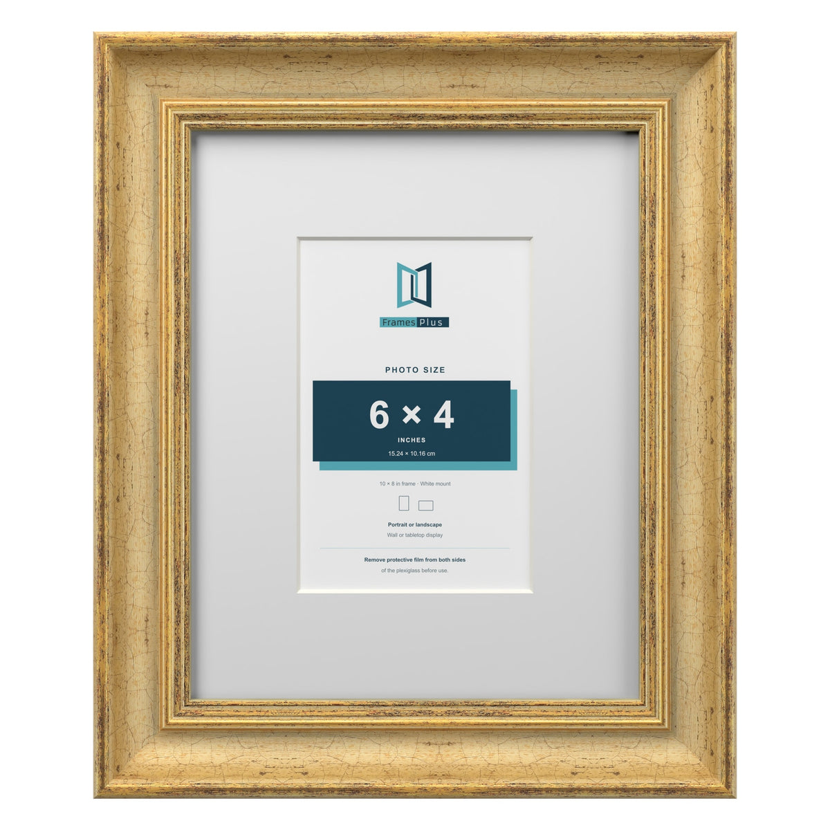 Cassis Gold 10 x 8 inch picture frame with a white mount for a 6 x 4 inch photo