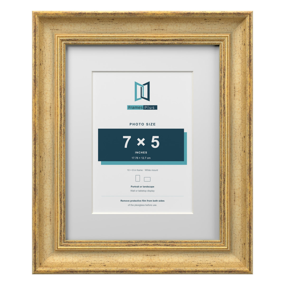 Cassis Gold 10 x 8 inch picture frame with a white mount for a 7 x 5 inch photo