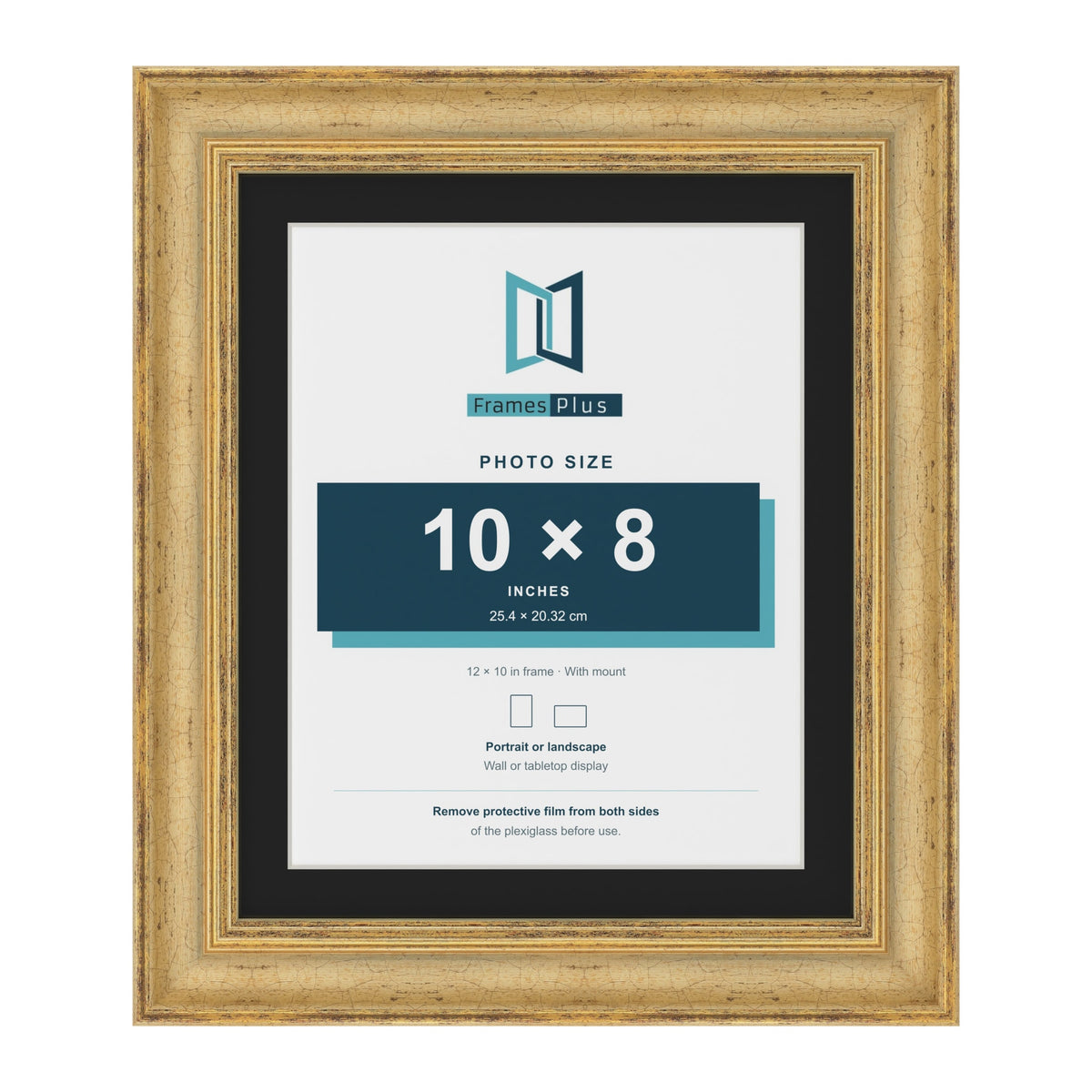 Cassis Gold 12 x 10 inch picture frame with a black mount for a 10 x 8 inch photo