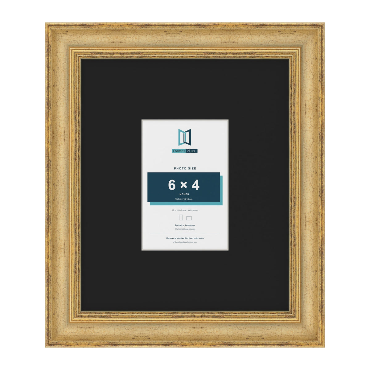 Cassis Gold 12 x 10 inch picture frame with a black mount for a 6 x 4 inch photo