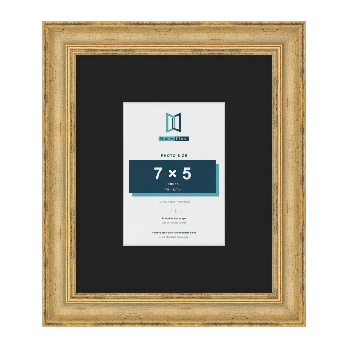Cassis Gold 12 x 10 inch picture frame with a black mount for a 7 x 5 inch photo