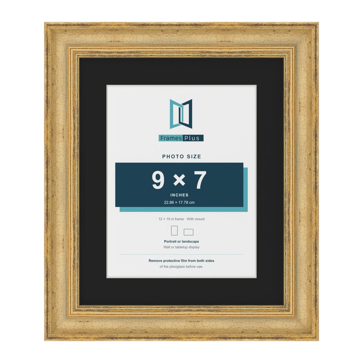 Cassis Gold 12 x 10 inch picture frame with a black mount for a 9 x 7 inch photo