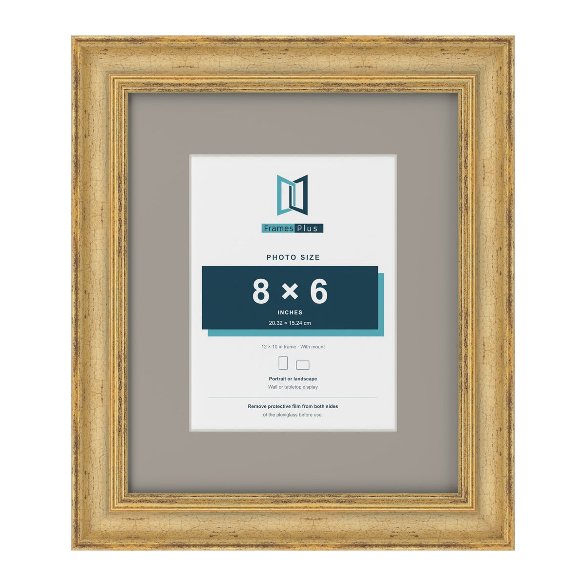 Cassis Gold 12 x 10 inch picture frame with a dawn grey mount for an 8 x 6 inch photo