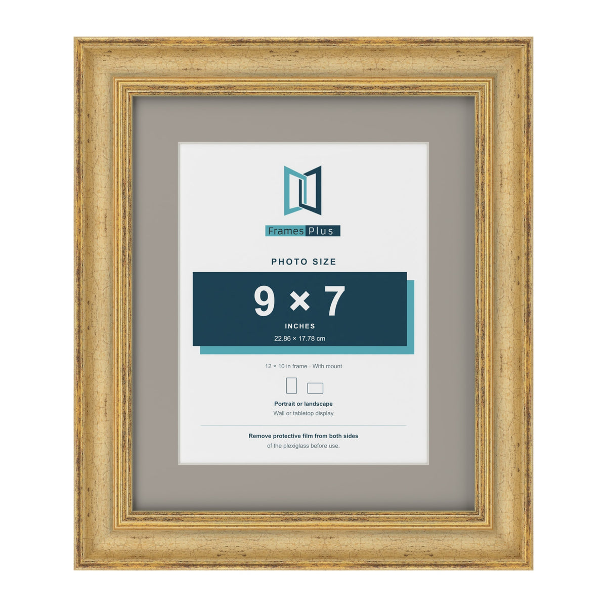 Cassis Gold 12 x 10 inch picture frame with a dawn grey mount for a 9 x 7 inch photo