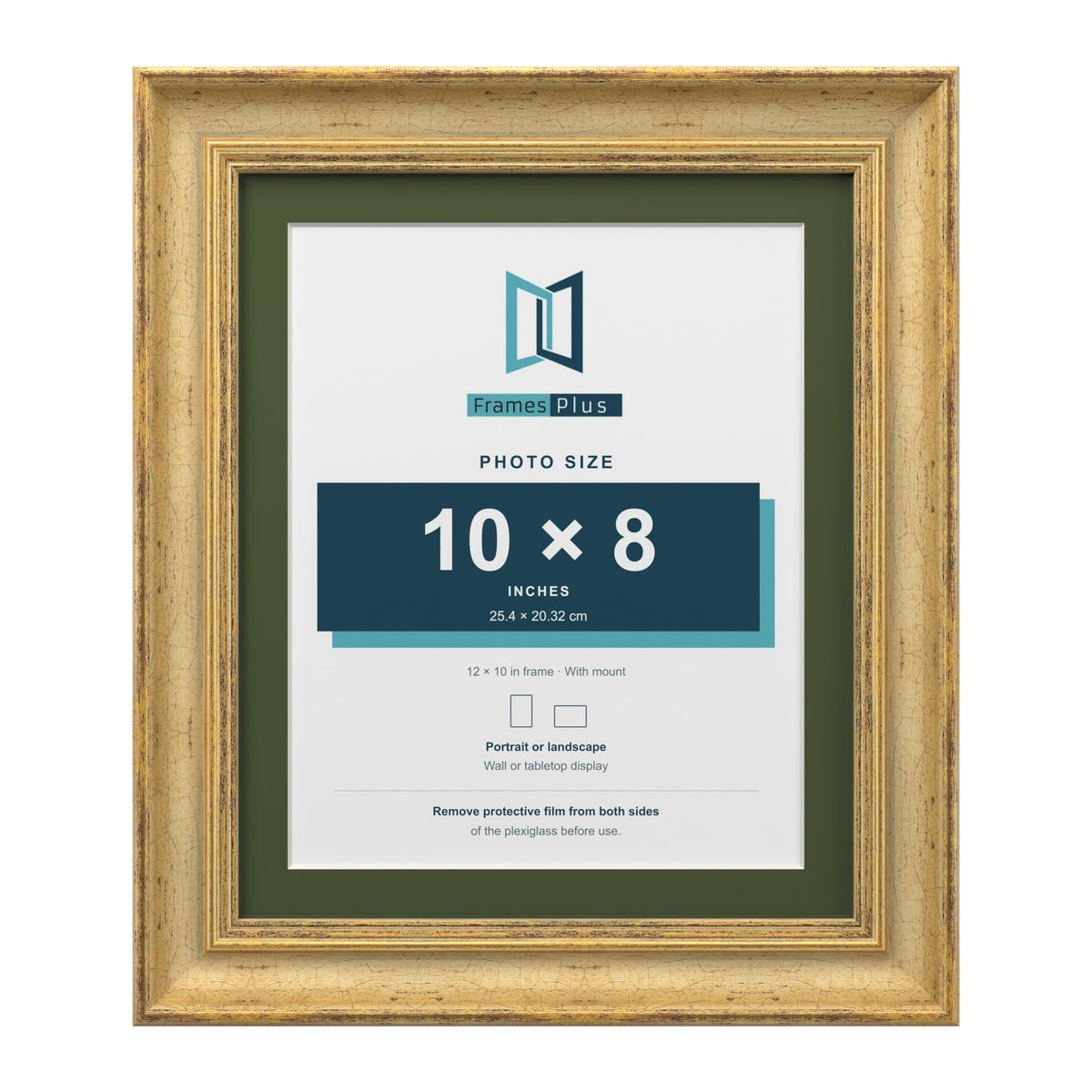 Cassis Gold 12 x 10 inch picture frame with a green mount for a 10 x 8 inch photo