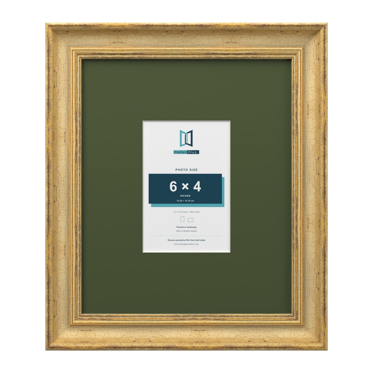 Cassis Gold 12 x 10 inch picture frame with a green mount for a 6 x 4 inch photo
