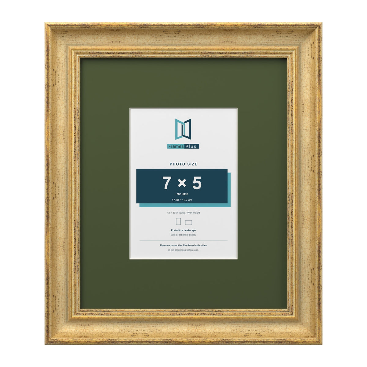 Cassis Gold 12 x 10 inch picture frame with a green mount for a 7 x 5 inch photo