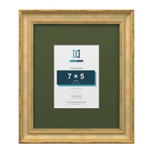 Cassis Gold 12 x 10 inch picture frame with a green mount for a 7 x 5 inch photo
