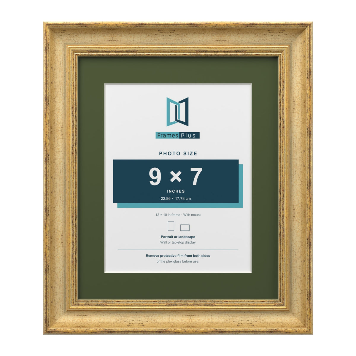 Cassis Gold 12 x 10 inch picture frame with a green mount for a 9 x 7 inch photo