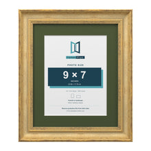 Cassis Gold 12 x 10 inch picture frame with a green mount for a 9 x 7 inch photo