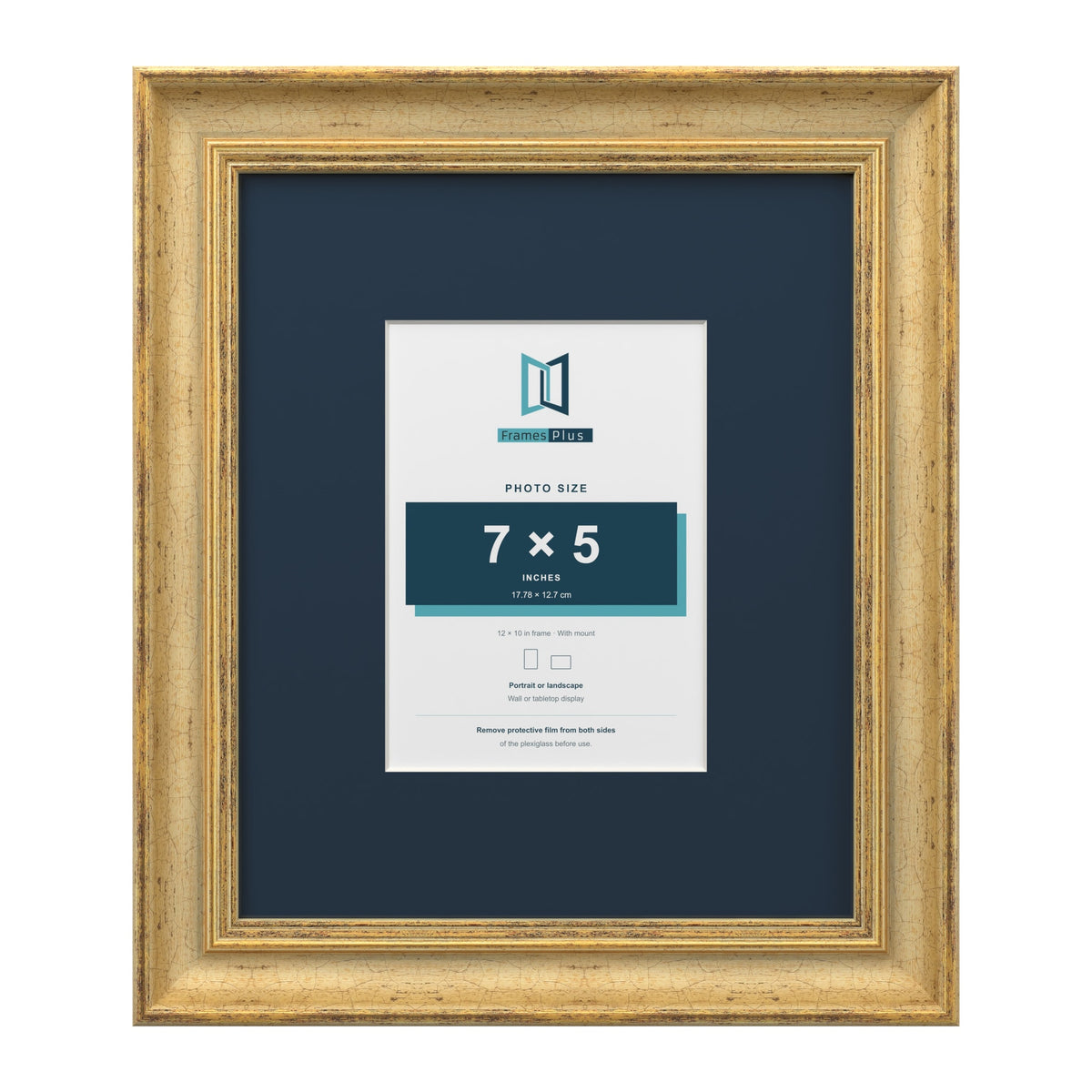 Cassis Gold 12 x 10 inch picture frame with a pacific blue mount for a 7 x 5 inch photo
