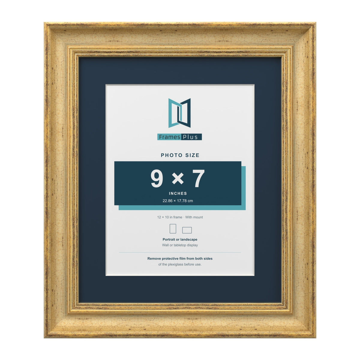 Cassis Gold 12 x 10 inch picture frame with a pacific blue mount for a 9 x 7 inch photo