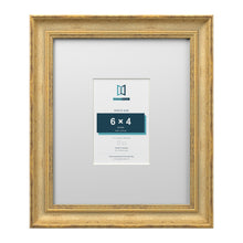 Cassis Gold 12 x 10 inch picture frame with a white mount for a 6 x 4 inch photo