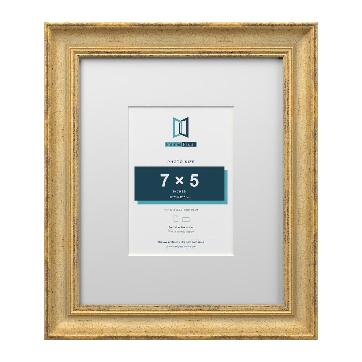 Cassis Gold 12 x 10 inch picture frame with a white mount for a 7 x 5 inch photo