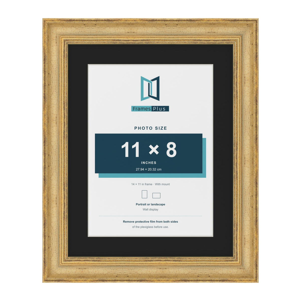 Cassis Gold 14 x 11 inch picture frame with a black mount for an 11 x 8 inch photo