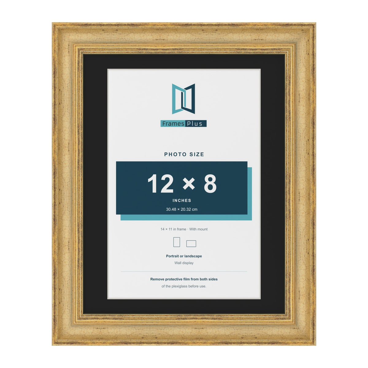 Cassis Gold 14 x 11 inch picture frame with a black mount for a 12 x 8 inch photo