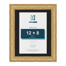 Cassis Gold 14 x 11 inch picture frame with a black mount for a 12 x 8 inch photo