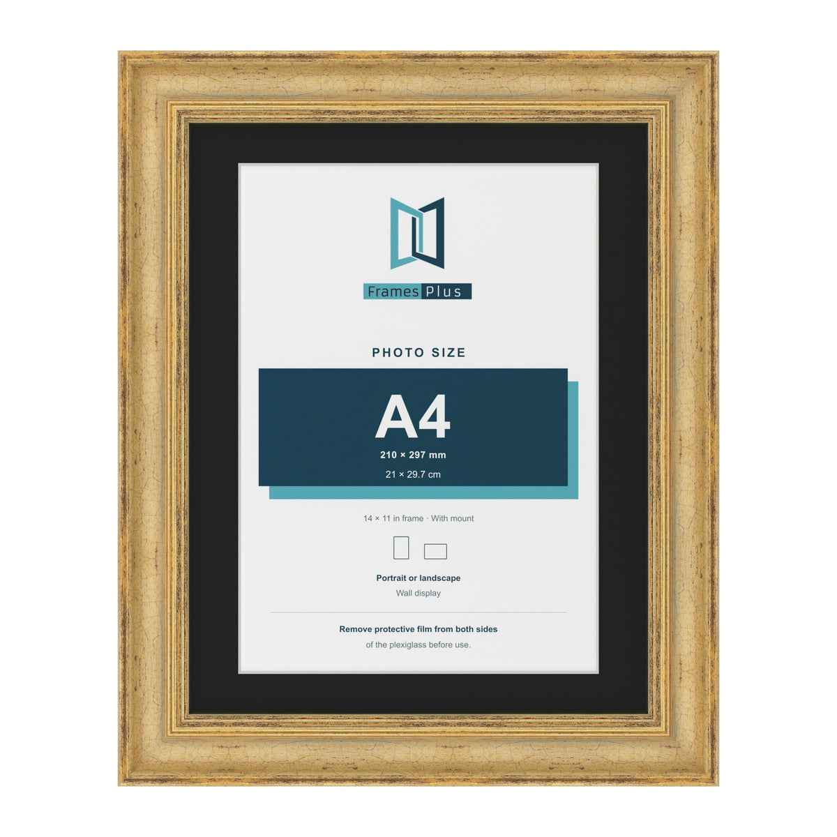 Cassis Gold 14 x 11 inch picture frame with a black mount for an A4 photo