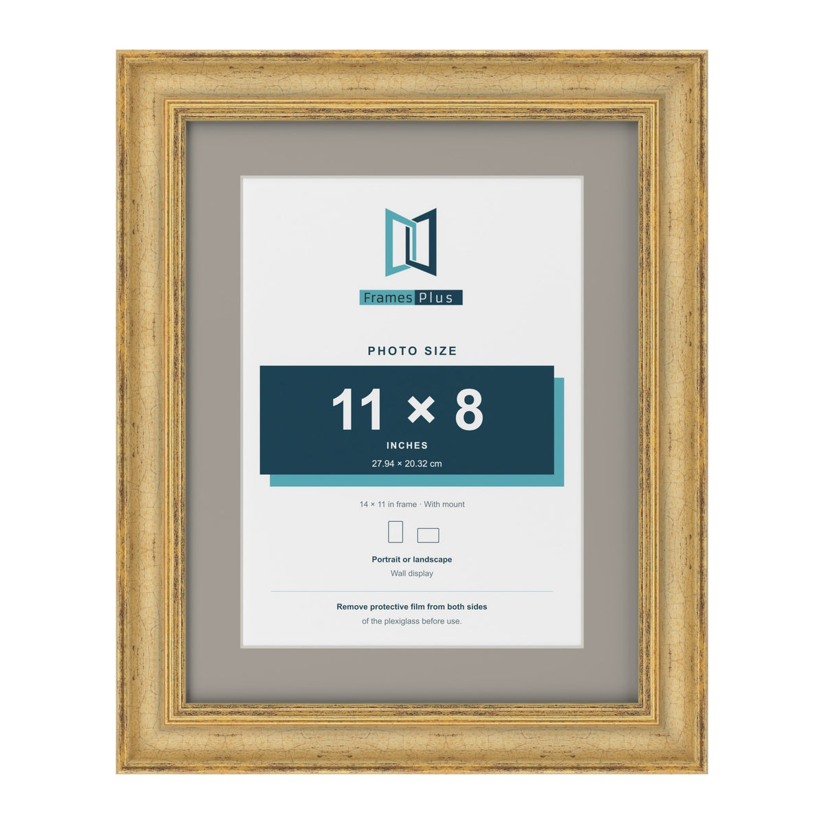 Cassis Gold 14 x 11 inch picture frame with a dawn grey mount for an 11 x 8 inch photo