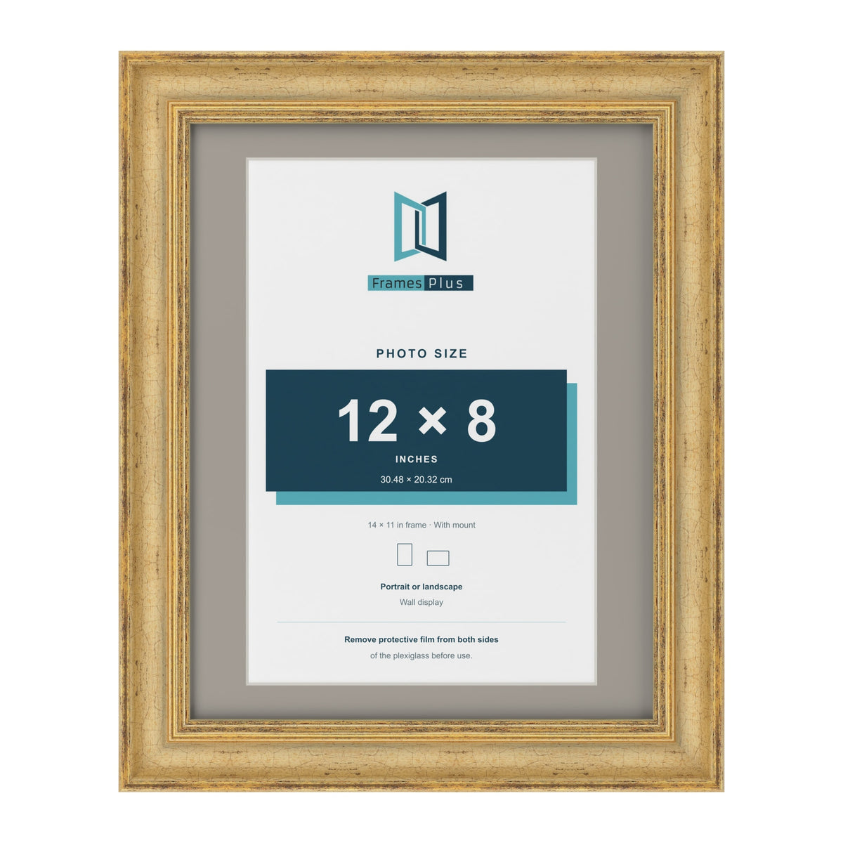 Cassis Gold 14 x 11 inch picture frame with a dawn grey mount for a 12 x 8 inch photo