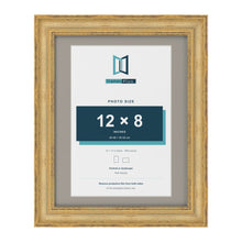 Cassis Gold 14 x 11 inch picture frame with a dawn grey mount for a 12 x 8 inch photo