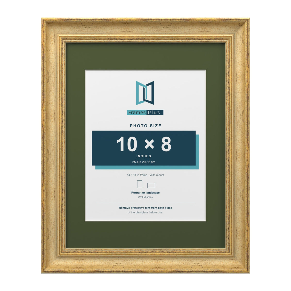 Cassis Gold 14 x 11 inch picture frame with a green mount for a 10 x 8 inch photo