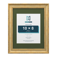 Cassis Gold 14 x 11 inch picture frame with a green mount for a 10 x 8 inch photo