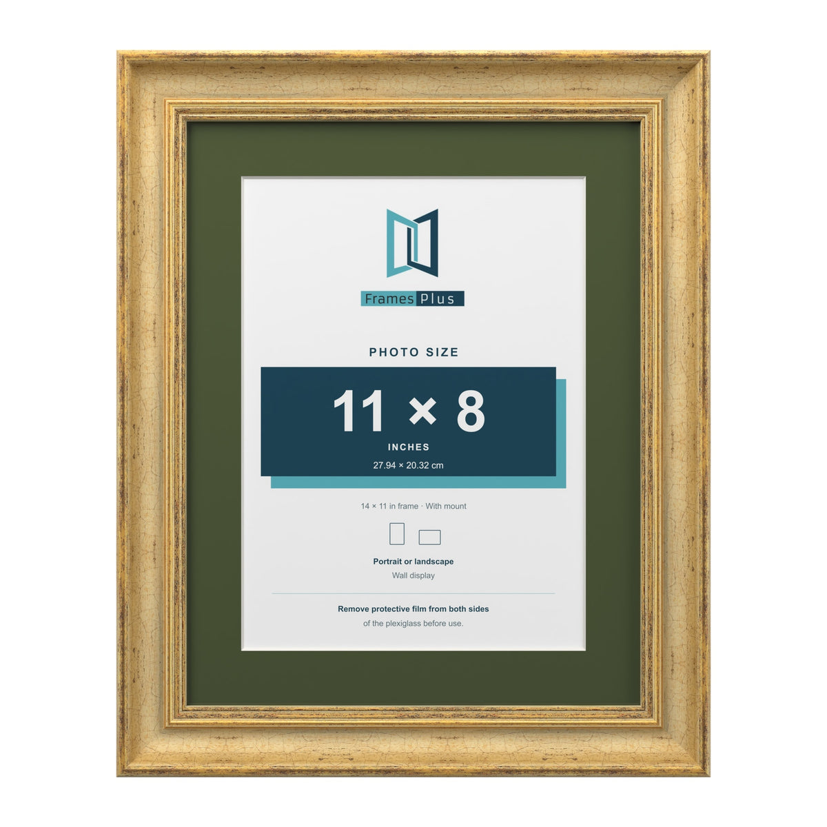 Cassis Gold 14 x 11 inch picture frame with a green mount for an 11 x 8 inch photo