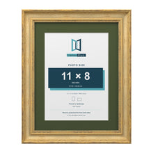 Cassis Gold 14 x 11 inch picture frame with a green mount for an 11 x 8 inch photo
