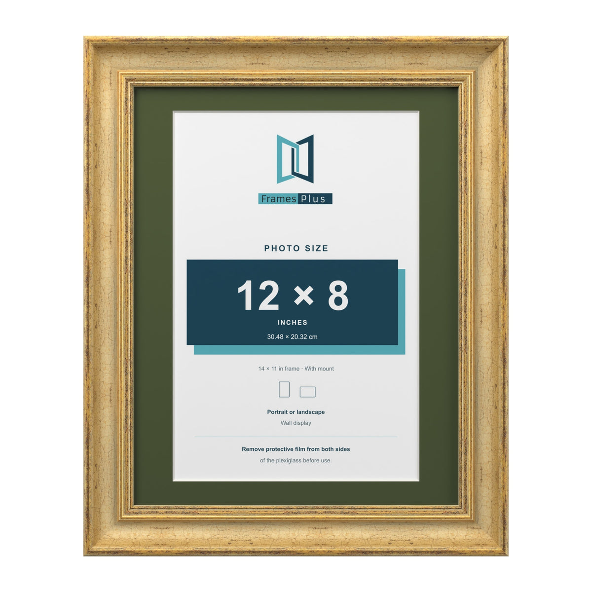 Cassis Gold 14 x 11 inch picture frame with a green mount for a 12 x 8 inch photo