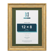 Cassis Gold 14 x 11 inch picture frame with a green mount for a 12 x 8 inch photo