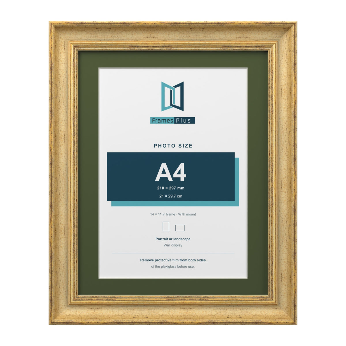Cassis Gold 14 x 11 inch picture frame with a green mount for an A4 photo