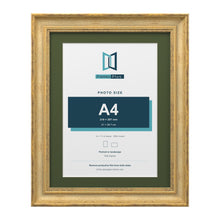Cassis Gold 14 x 11 inch picture frame with a green mount for an A4 photo