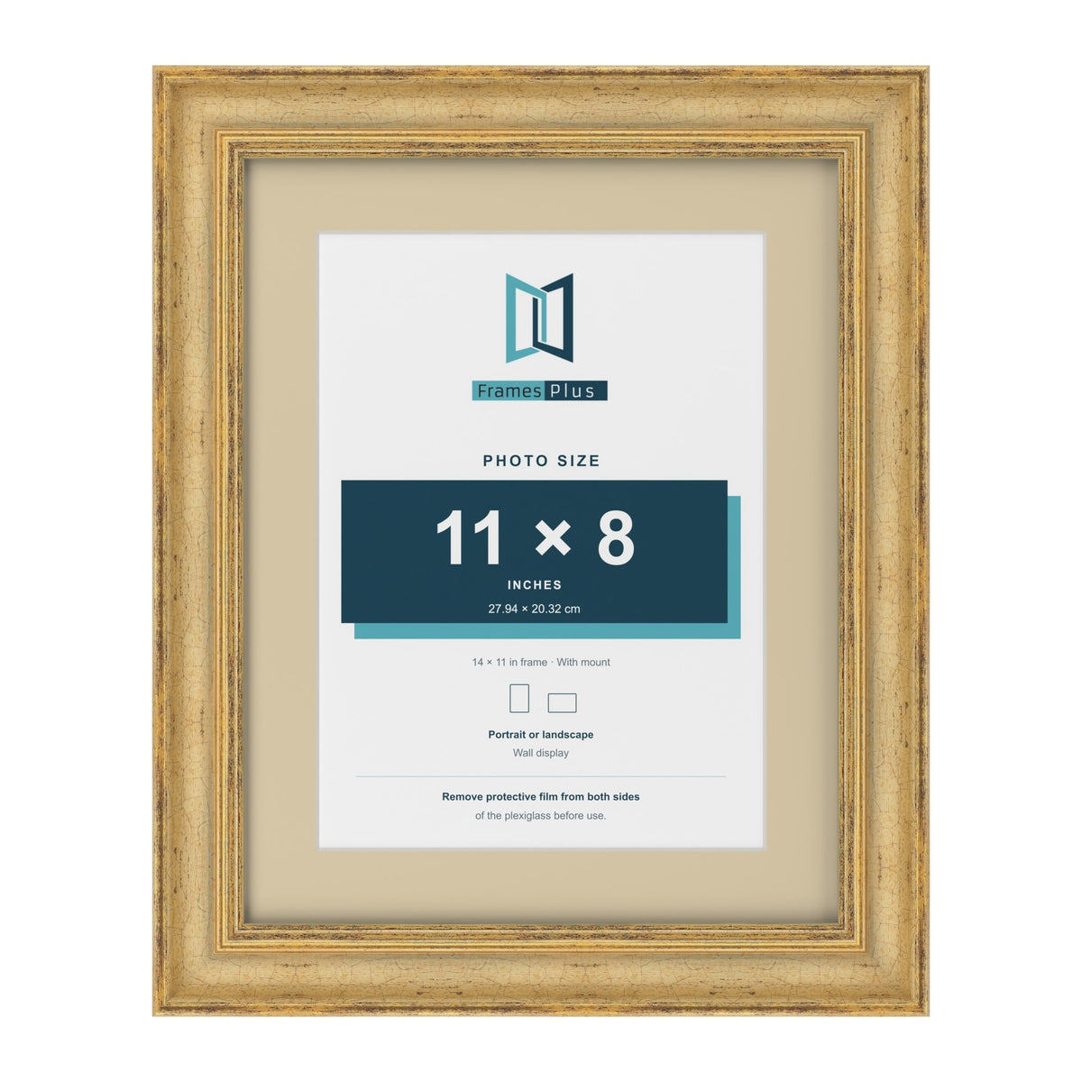 Cassis Gold 14 x 11 inch picture frame with an ivory mount for an 11 x 8 inch photo