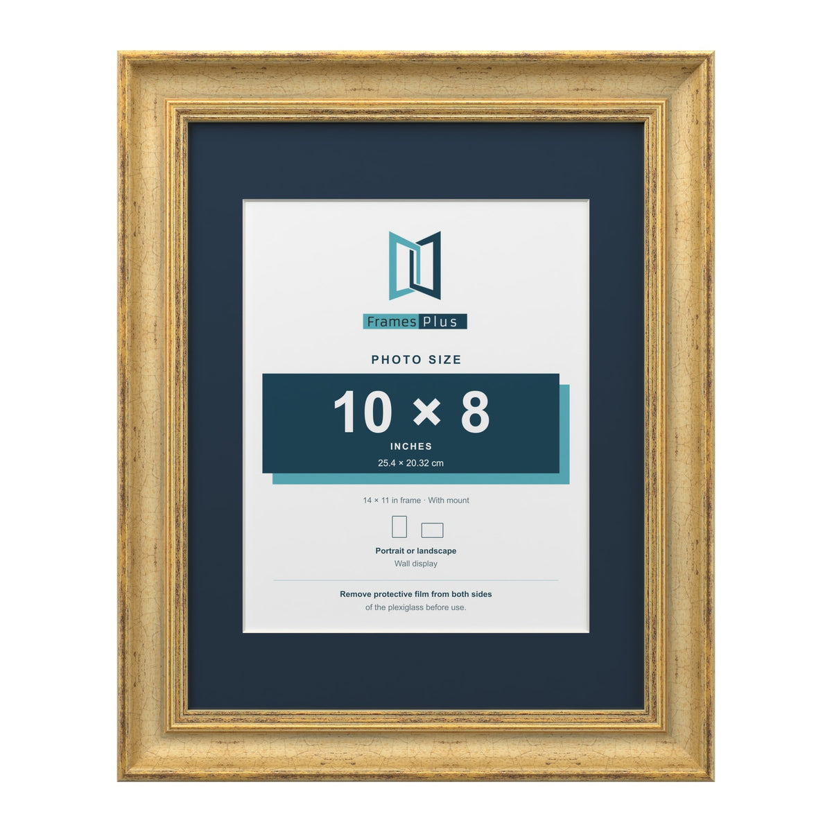 Cassis Gold 14 x 11 inch picture frame with a pacific blue mount for a 10 x 8 inch photo