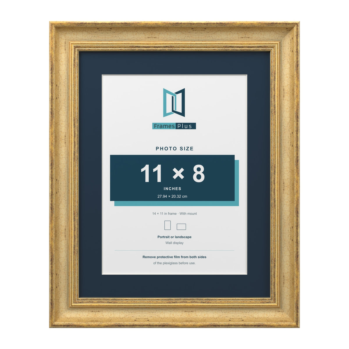 Cassis Gold 14 x 11 inch picture frame with a pacific blue mount for an 11 x 8 inch photo