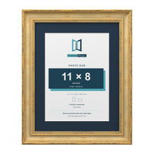 Cassis Gold 14 x 11 inch picture frame with a pacific blue mount for an 11 x 8 inch photo