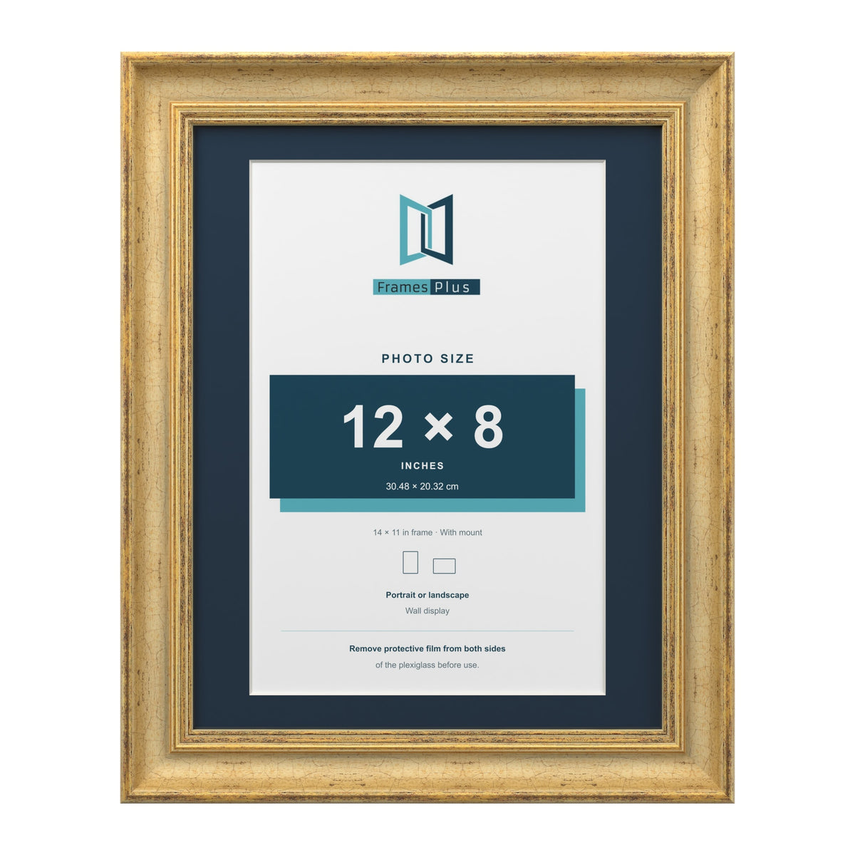 Cassis Gold 14 x 11 inch picture frame with a pacific blue mount for a 12 x 8 inch photo
