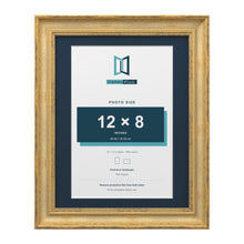 Cassis Gold 14 x 11 inch picture frame with a pacific blue mount for a 12 x 8 inch photo