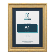 Cassis Gold 14 x 11 inch picture frame with a pacific blue mount for an A4 photo