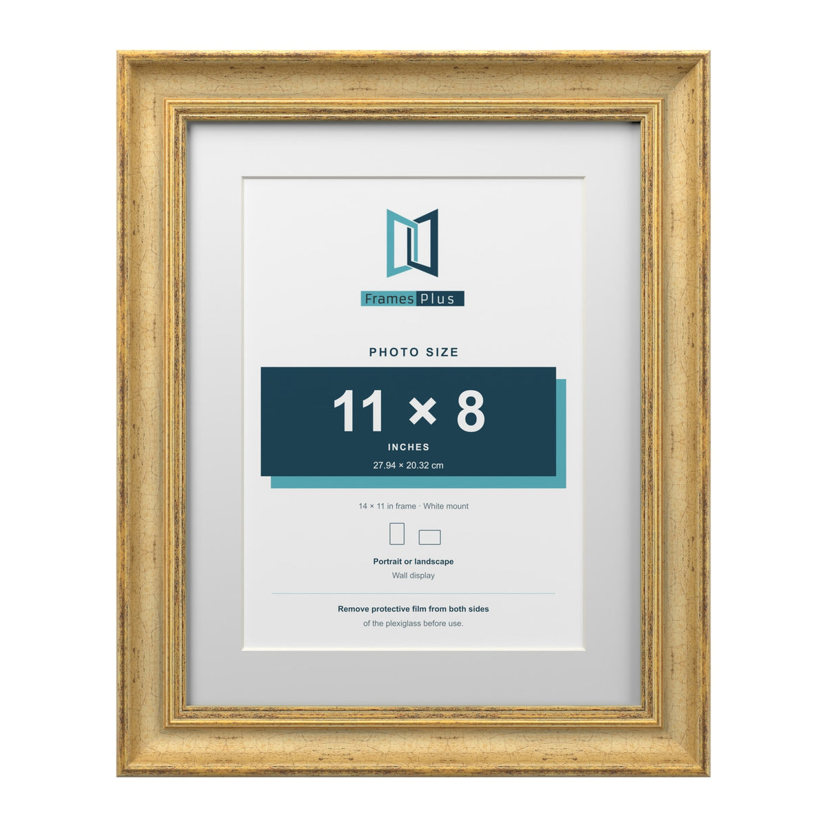 Cassis Gold 14 x 11 inch picture frame with a white mount for an 11 x 8 inch photo