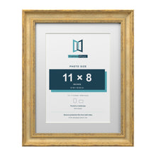 Cassis Gold 14 x 11 inch picture frame with a white mount for an 11 x 8 inch photo