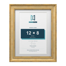 Cassis Gold 14 x 11 inch picture frame with a white mount for a 12 x 8 inch photo
