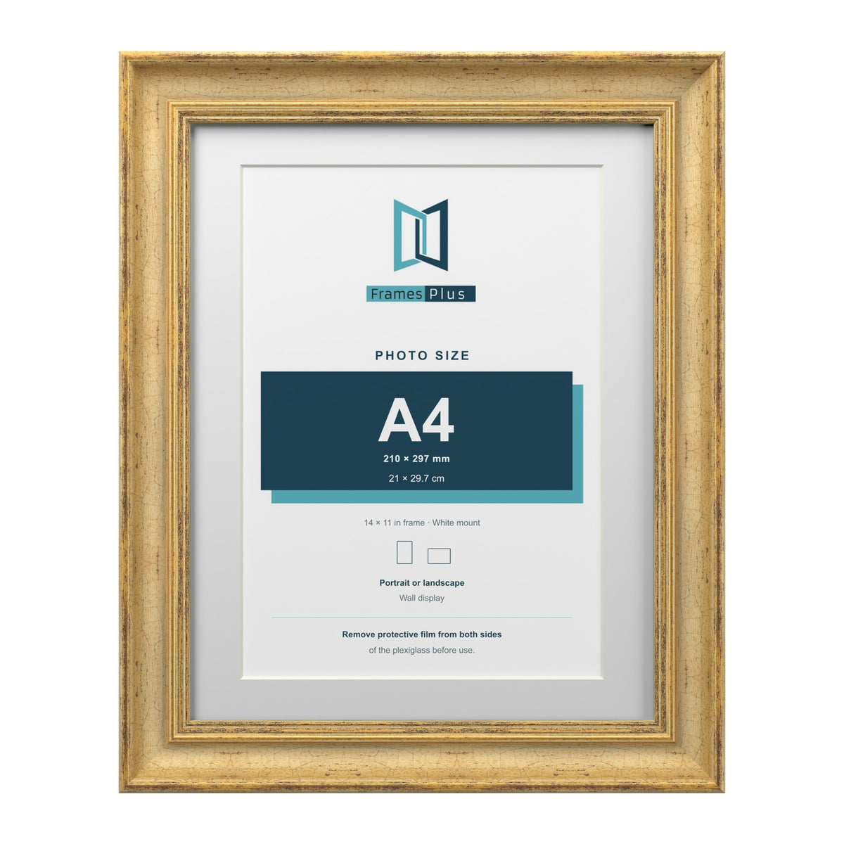 Cassis Gold 14 x 11 inch picture frame with a white mount for an A4 photo