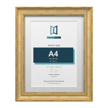 Cassis Gold 14 x 11 inch picture frame with a white mount for an A4 photo