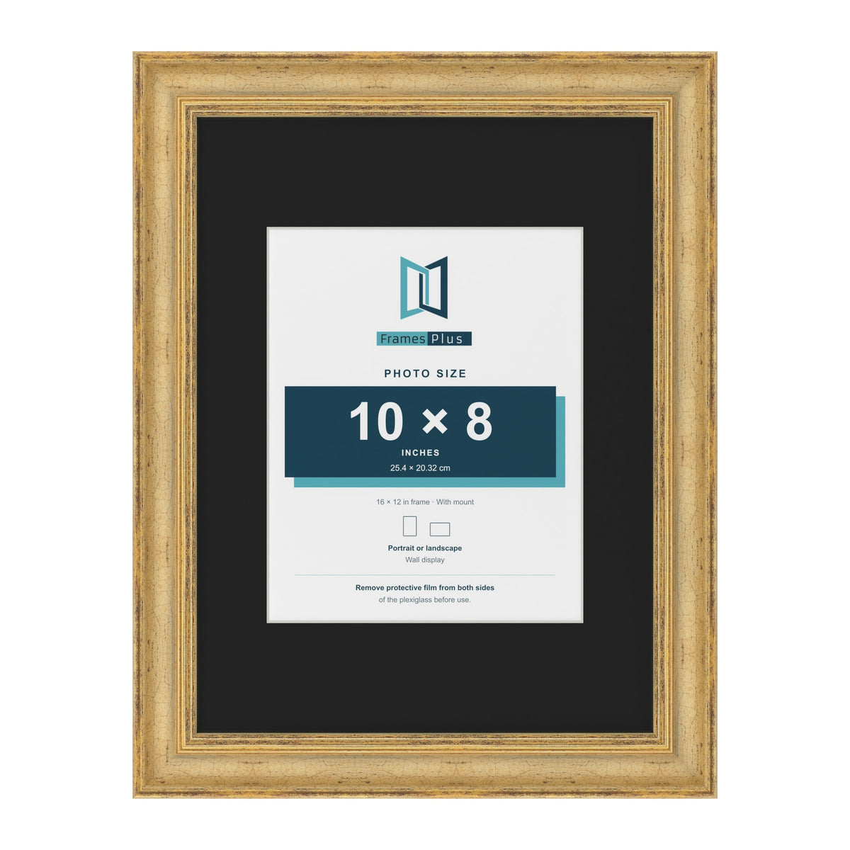 Cassis Gold 16 x 12 inch picture frame with a black mount for a 10 x 8 inch photo